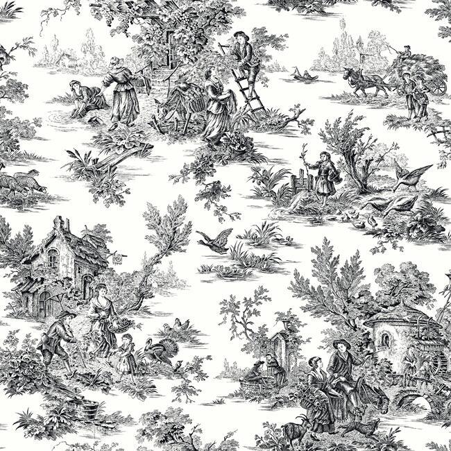 Champagne Toile Wallpaper - Black/White - York Wallcoverings - AT4228