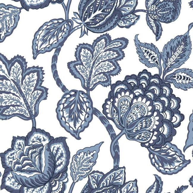 Mid Summer Jacobean Wallpaper - White/Blue - York Wallcoverings - CY1535