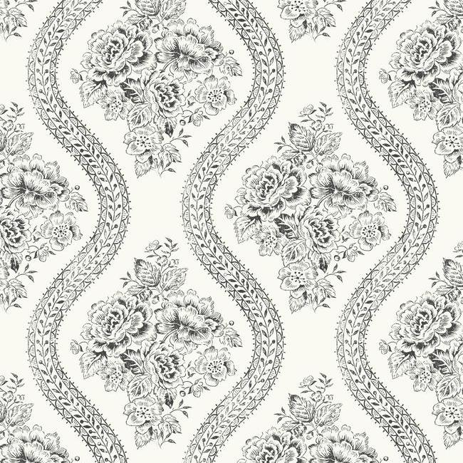 Coverlet Floral Wallpaper - Black On White - York Wallcoverings - MH1597