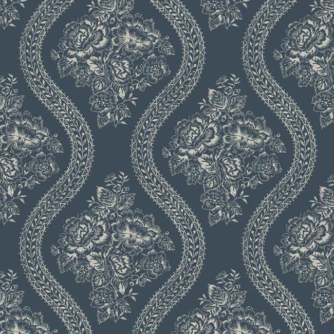 Coverlet Floral Wallpaper - Taupe On Navy - York Wallcoverings - MH1603