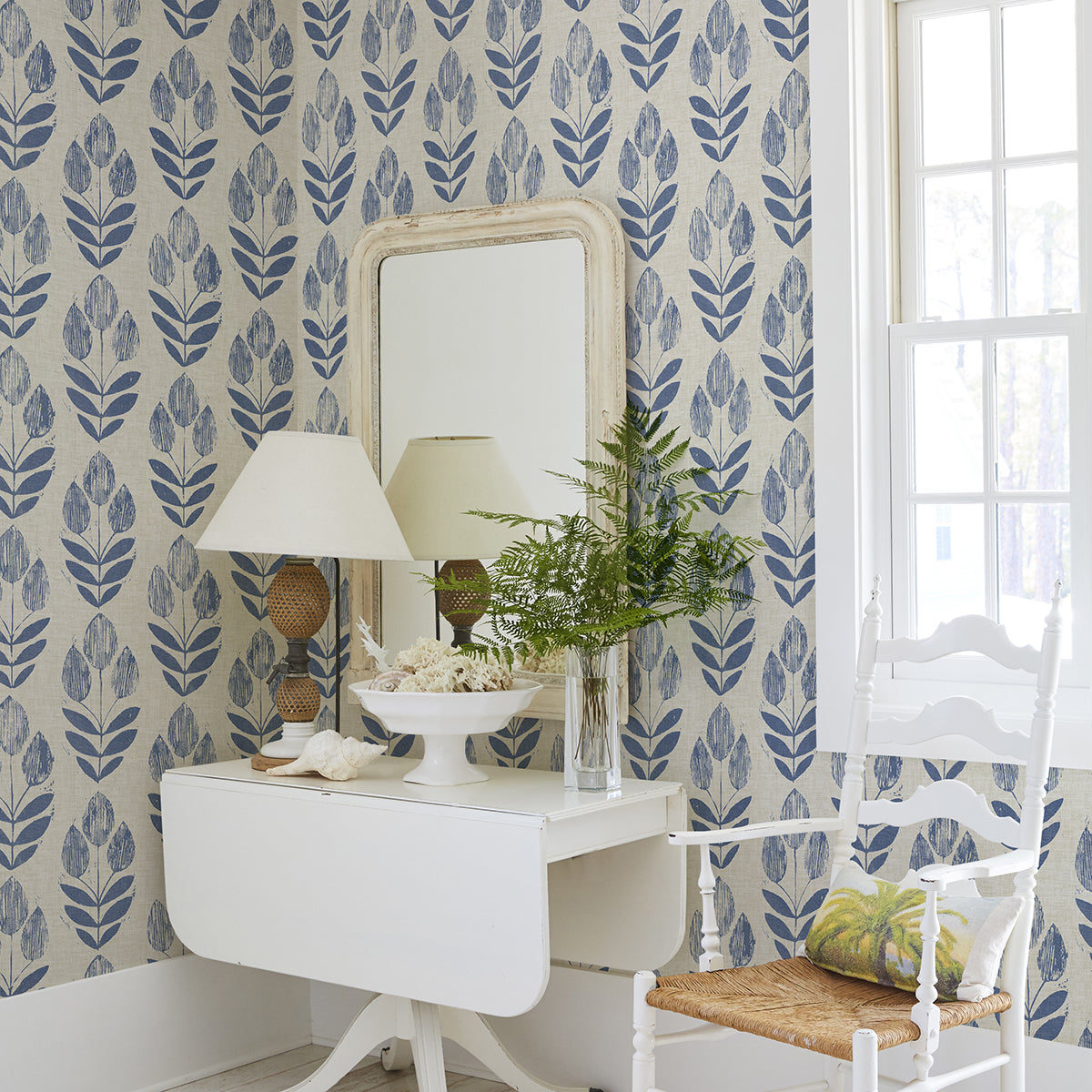 Blue Folk Tulip Peel and Stick Wallpaper - Brewster Wallcovering