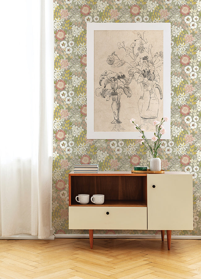 Karina Neutral Wildflower Garden Wallpaper - Brewster Wallcovering