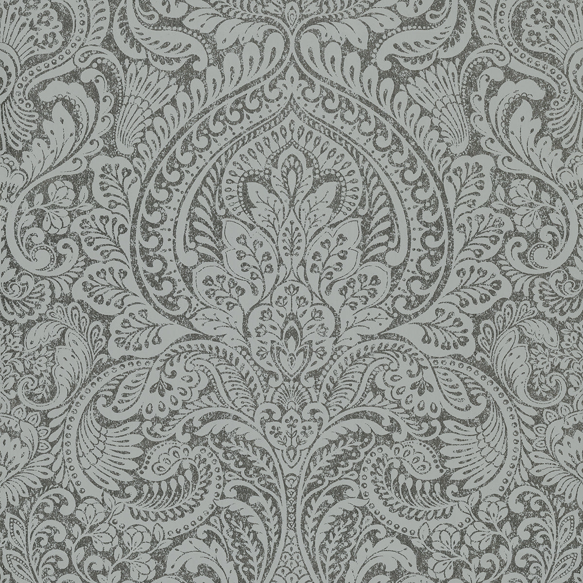 Artemis Pewter Floral Damask Wallpaper - Brewster Wallcovering