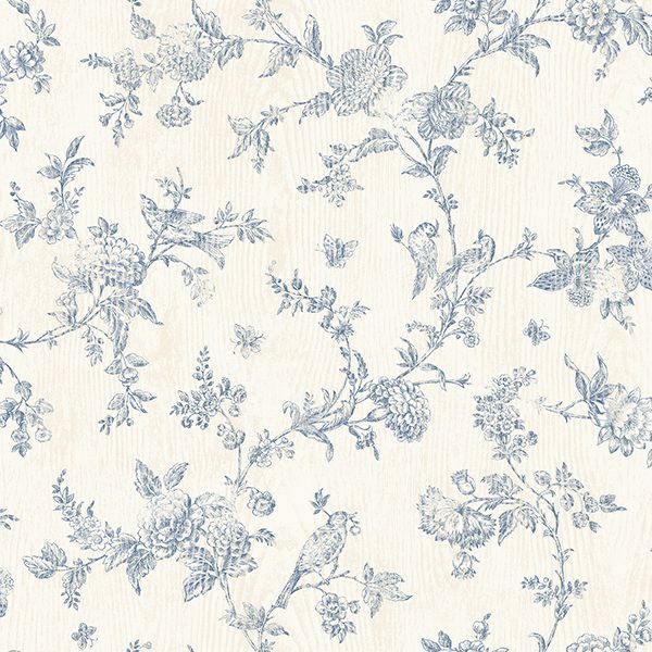 Picture of French Nightingale Blue Floral Scroll Wallpaper