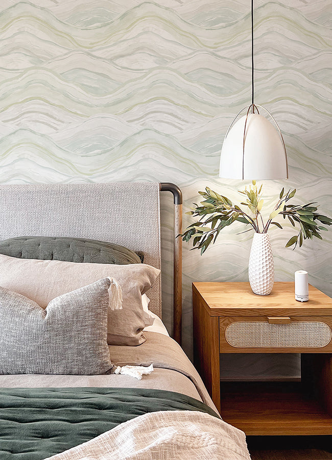 Dorea Sea Green Striated Waves Wallpaper - Brewster Wallcovering