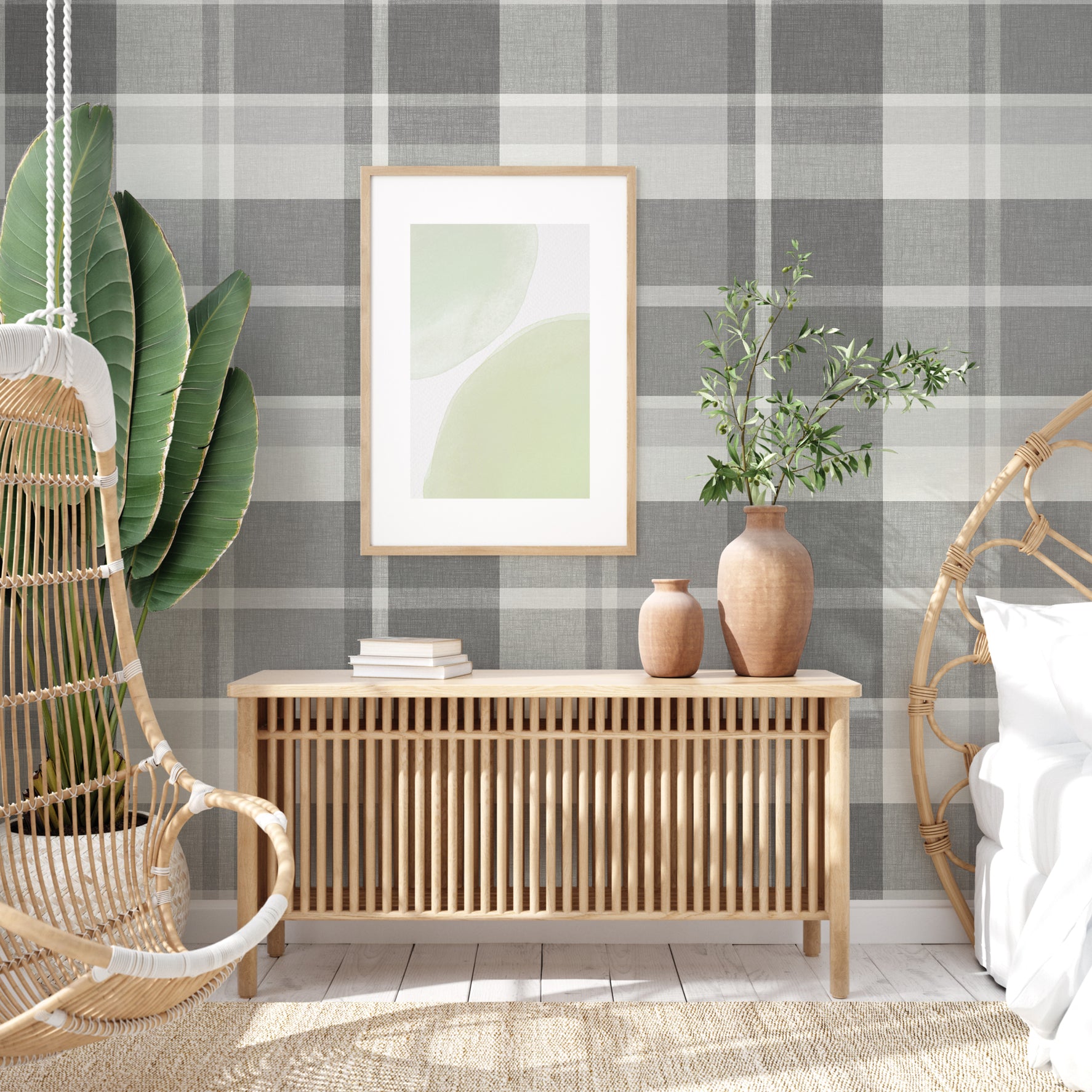 Madaket Dark Grey Plaid Wallpaper - Brewster Wallcovering