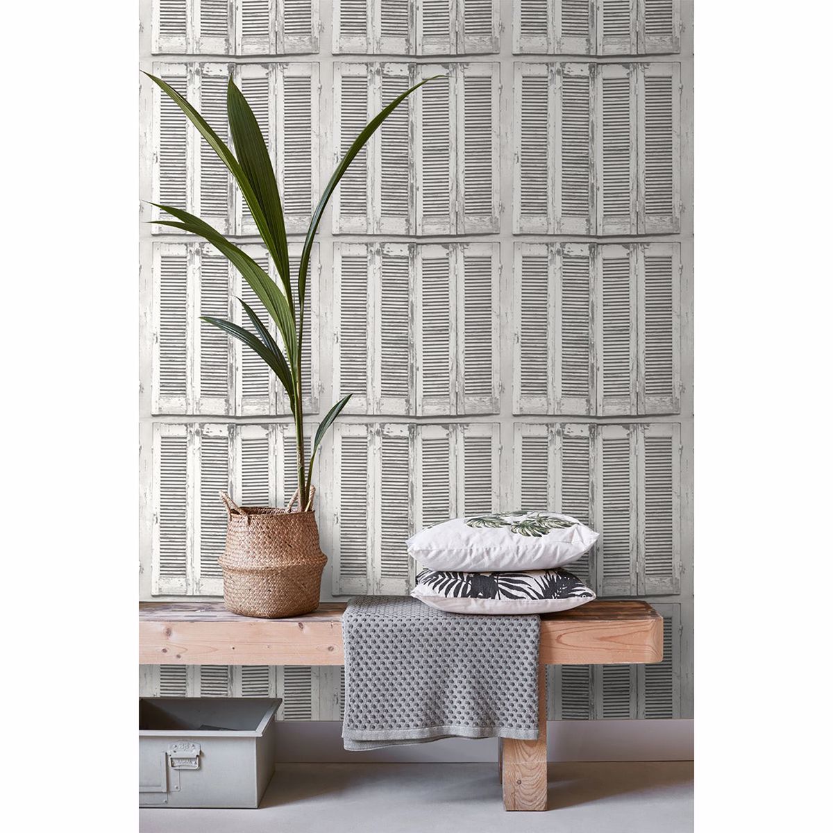 Lansbury Off-White Distressed Shutter Wallpaper - Brewster Wallcovering