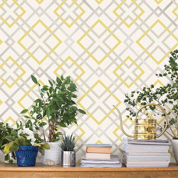 Saltire Emile Yellow Lattice Wallpaper - Brewster Wallcovering