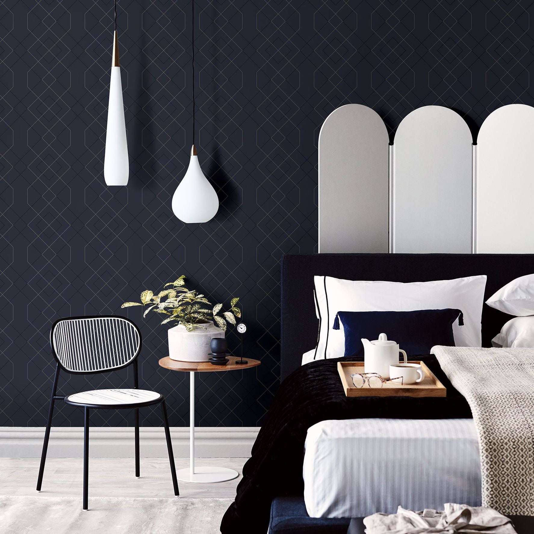 Ballard Indigo Geometric Wallpaper- Scott Living - Brewster Wallcovering