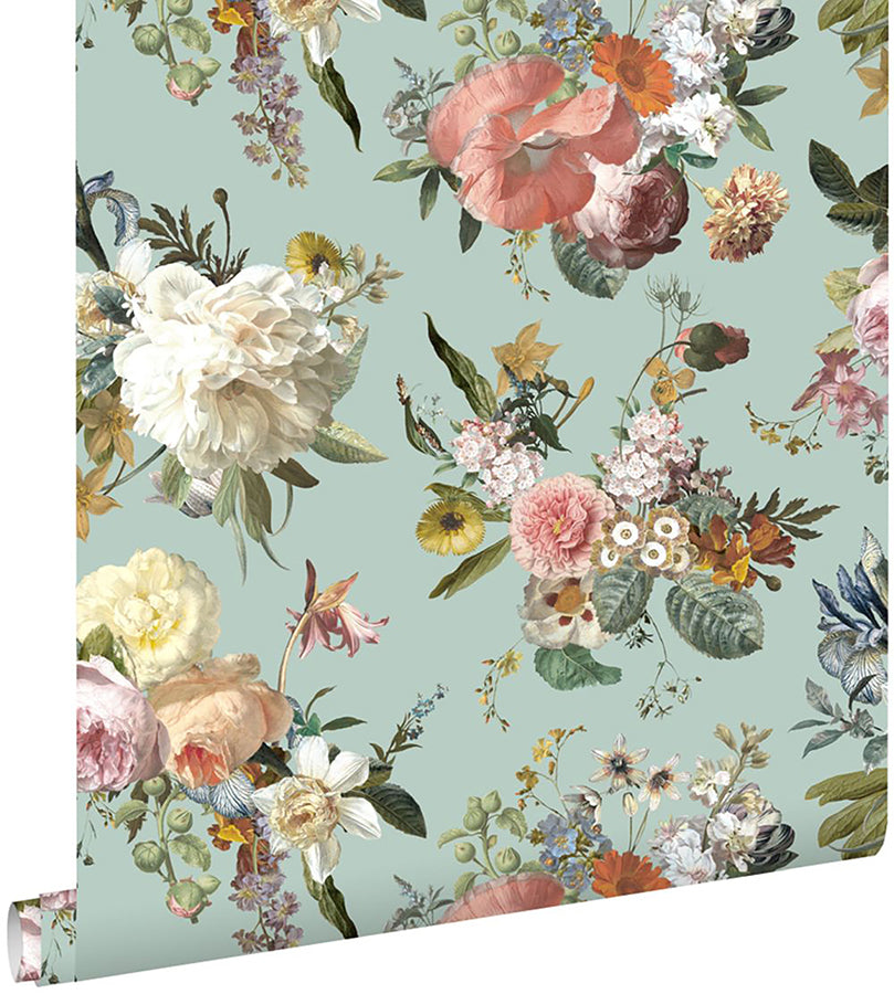 Antonia Aqua Vintage Bouquet Wallpaper - Brewster Wallcovering