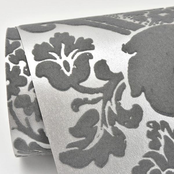 Shadow Grey Flocked Damask Wallpaper - Brewster Wallcovering