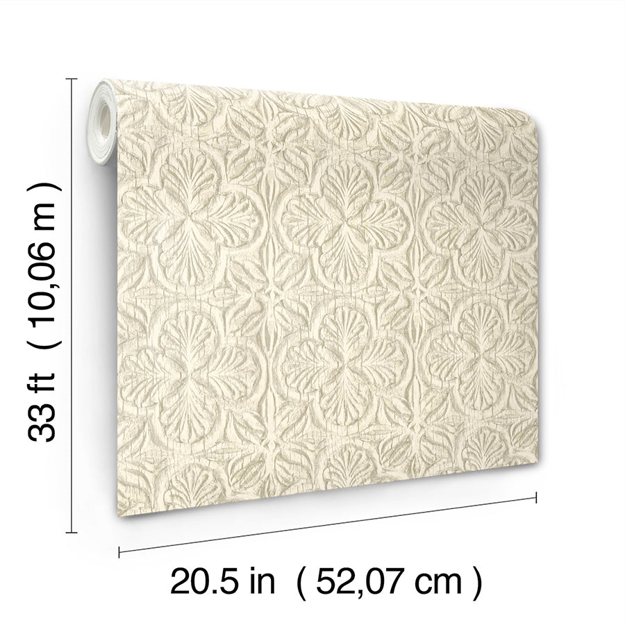 Karachi Cream Wooden Damask Wallpaper - Brewster Wallcovering