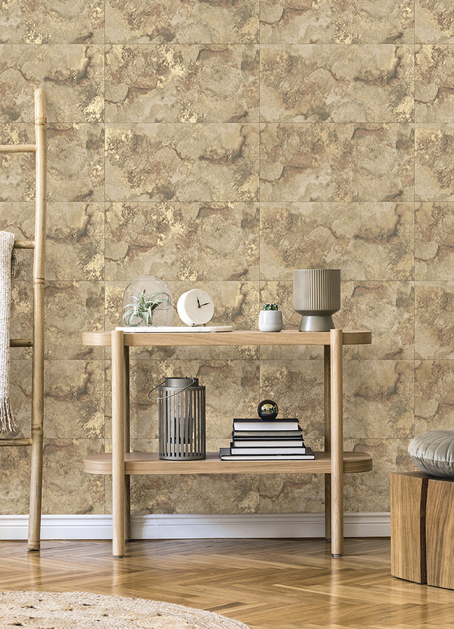 Aria Light Brown Marbled Tile Wallpaper - Brewster Wallcovering