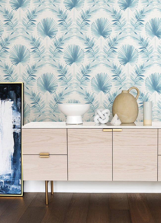 Calla Blue Painted Palm Wallpaper - Brewster Wallcovering