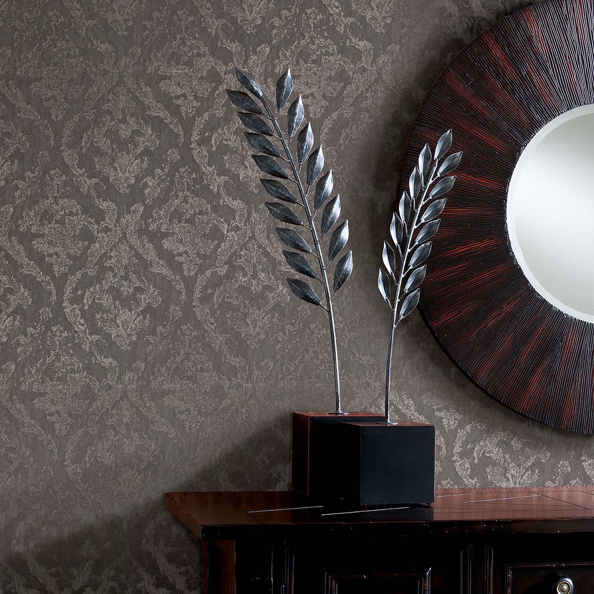 Lyra Pewter Damask Wallpaper - Brewster Wallcovering