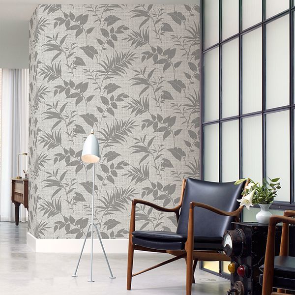 Chandler Light Grey Botanical Faux Grasscloth Wallpaper - Brewster Wallcovering