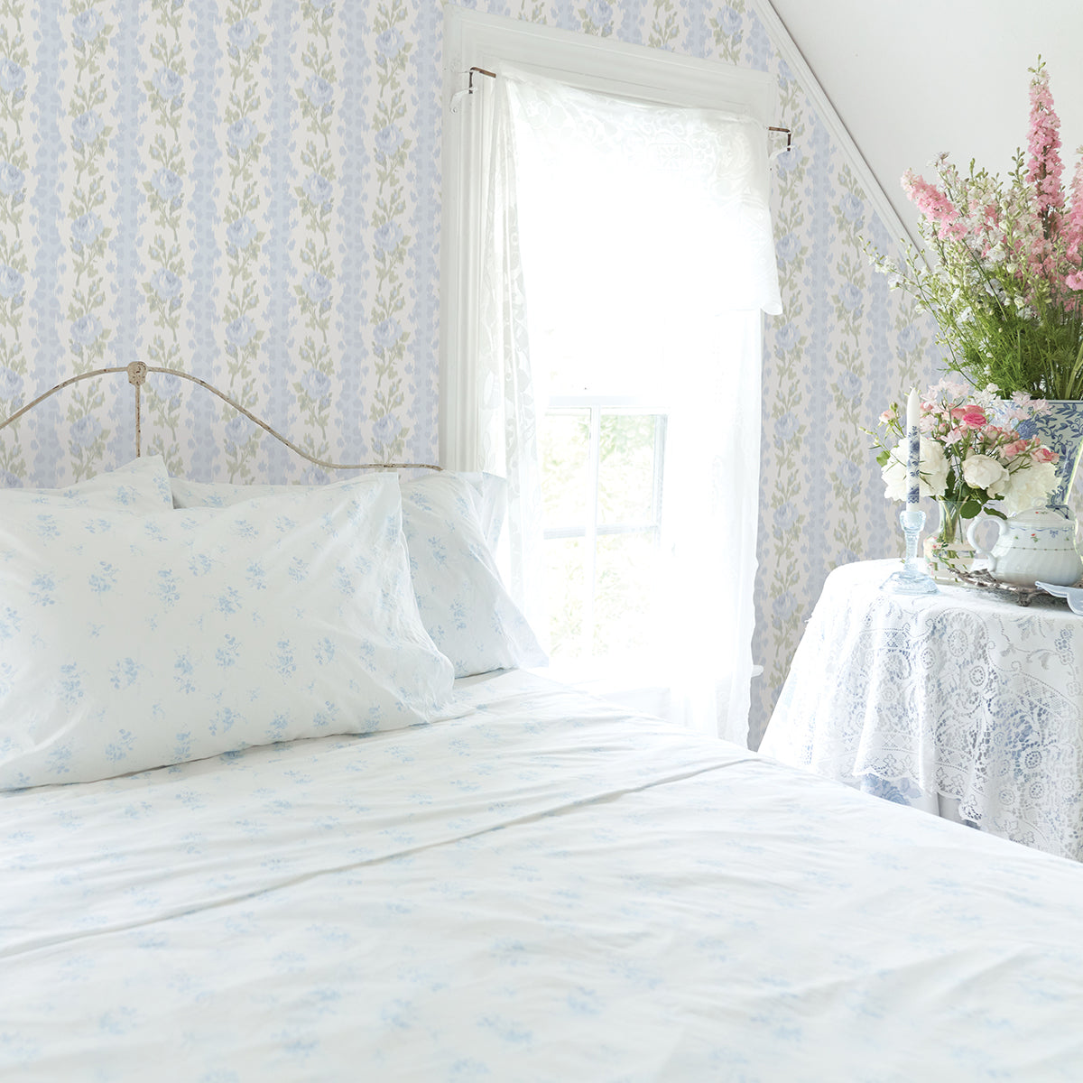 Picture of Blooming Heirloom Light Blue Rose Stripe Wallpaper