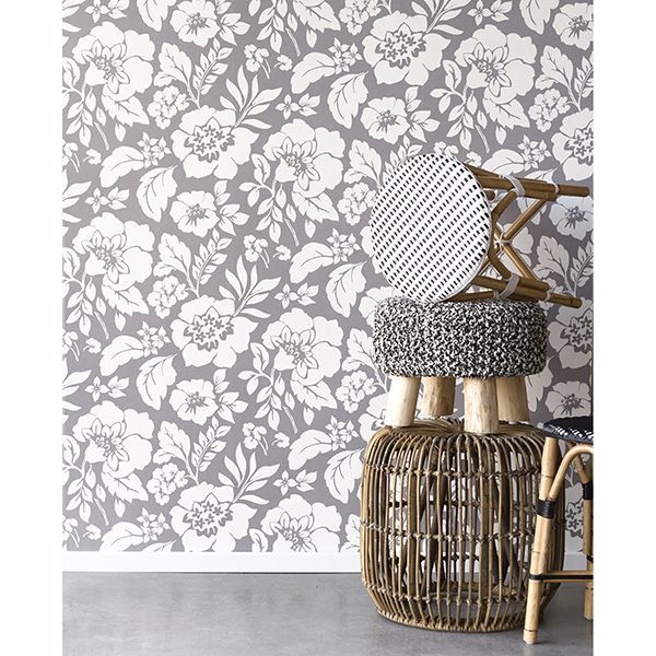 Avens Grey Floral Wallpaper - Brewster Wallcovering