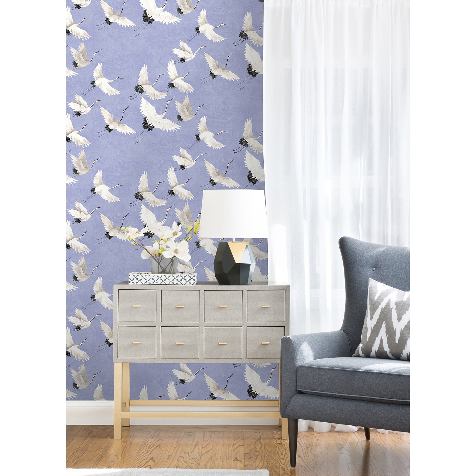 Hydrangea Halcyon Birds Peel and Stick Wallpaper - Brewster Wallcovering