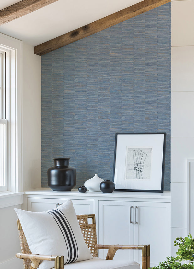 Jenga Blue Striped Column Wallpaper - Brewster Wallcovering