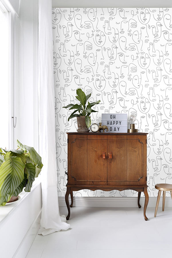 Sharona White Line Art Faces Wallpaper - Brewster Wallcovering