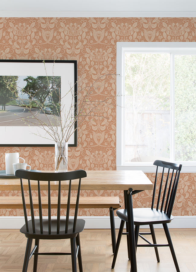 Berit Coral Floral Crest Wallpaper - Brewster Wallcovering