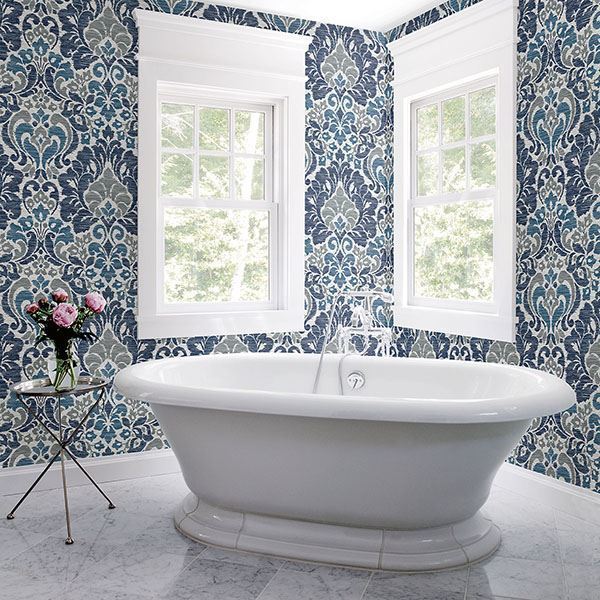 Garden of Eden Blue Damask Wallpaper - Brewster Wallcovering