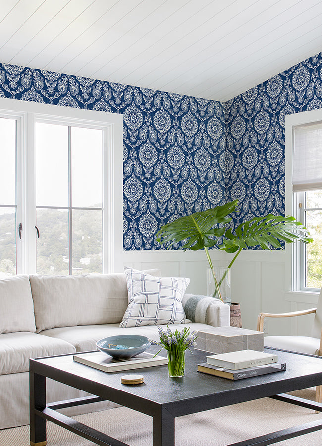 Helm Damask Navy Floral Medallion Wallpaper - Brewster Wallcovering