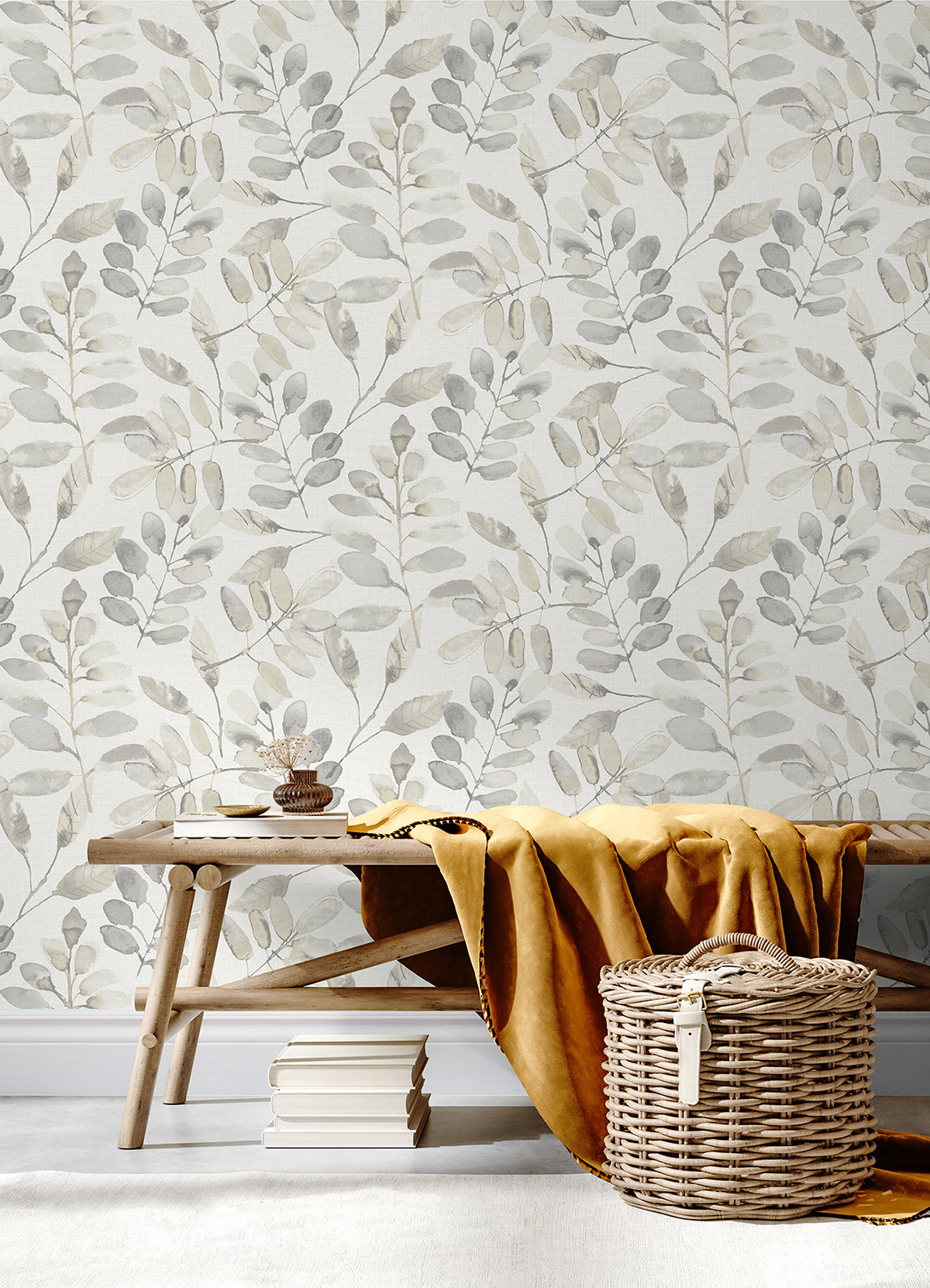 Pinnate Taupe Leaves Wallpaper - Brewster Wallcovering