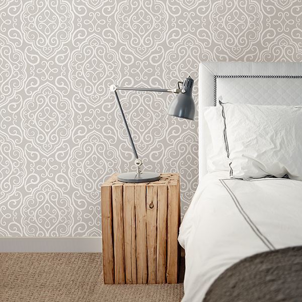 Heavenly Taupe Damask Wallpaper - Brewster Wallcovering