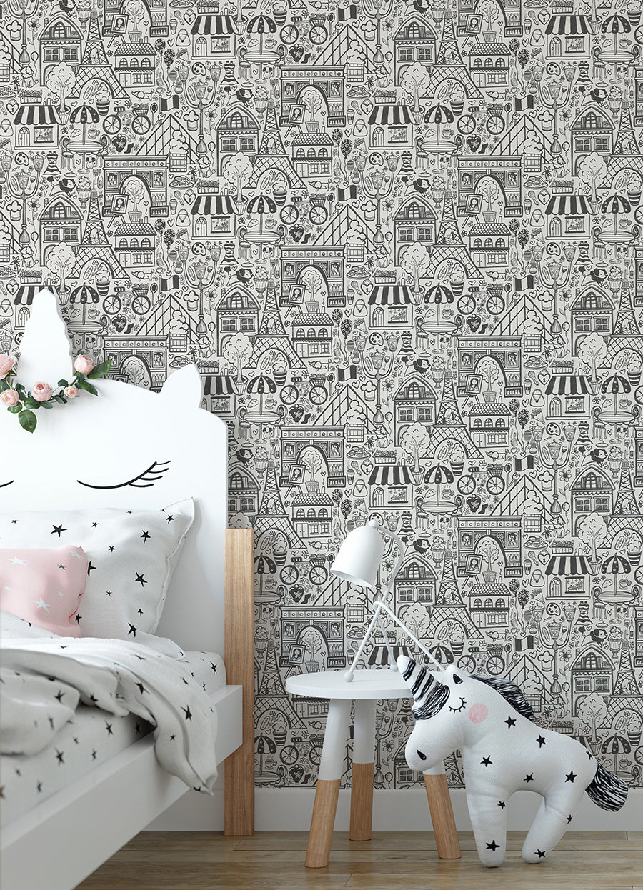 Oui Paris Charcoal Peel and Stick Wallpaper - Brewster Wallcovering