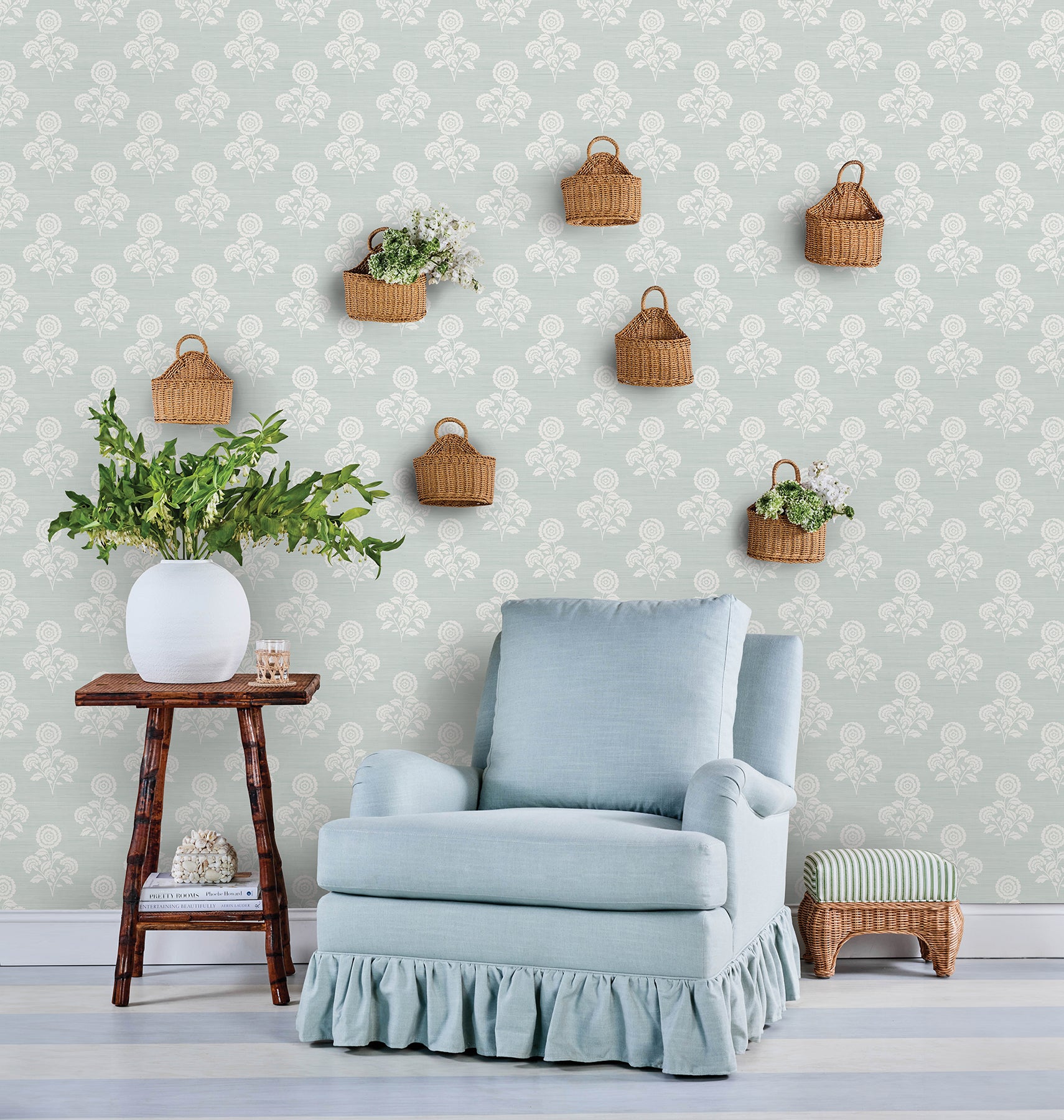 Flourish Block Print Whisper Blue Faux Grasscloth Peel and Stick Wallpaper - Brewster Wallcovering