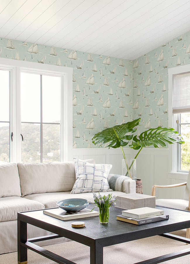 Leeward Aqua Sailboat Wallpaper - Brewster Wallcovering