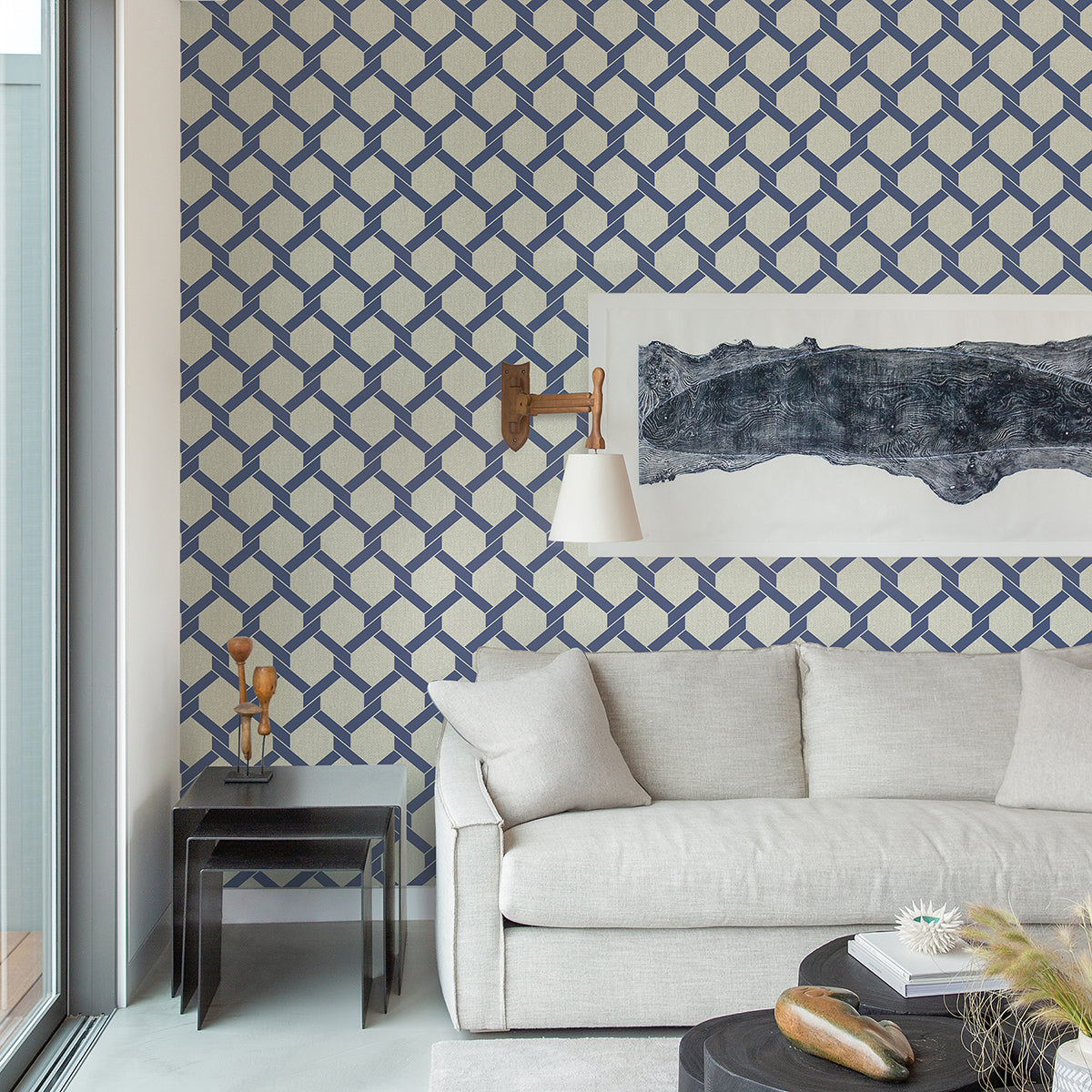 Payton Blue Hexagon Trellis Wallpaper - Brewster Wallcovering