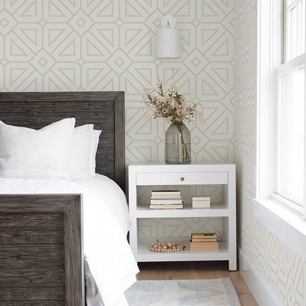 Voltaire Ivory Beaded Geometric Wallpaper - Brewster Wallcovering