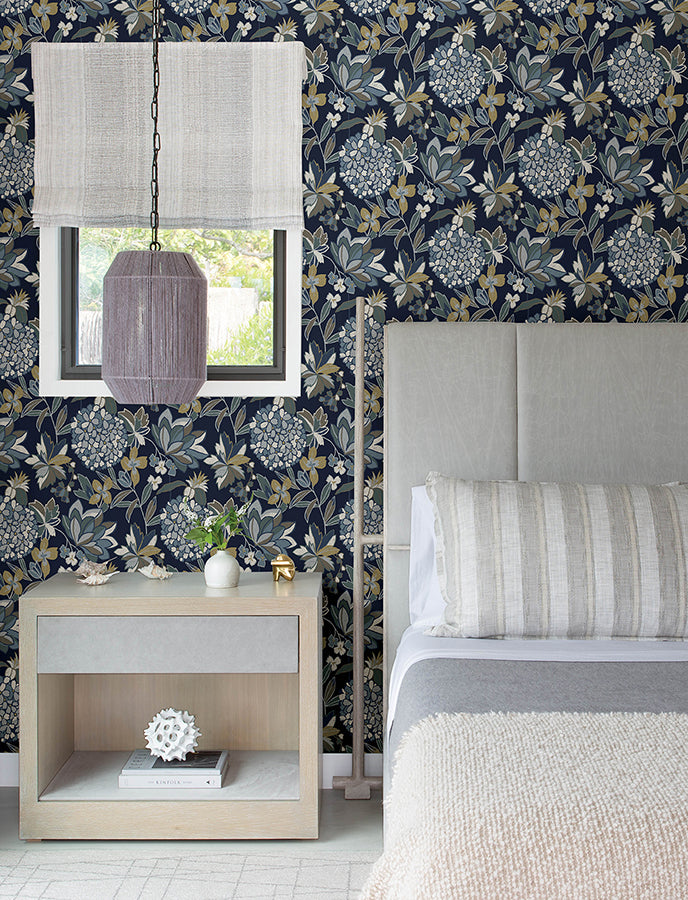 Valdivian Indigo Floral Wallpaper - Brewster Wallcovering