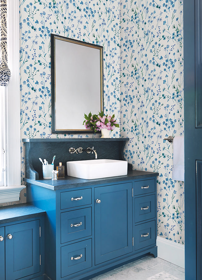 Heidi Blue Watercolor Florals Wallpaper - Brewster Wallcovering