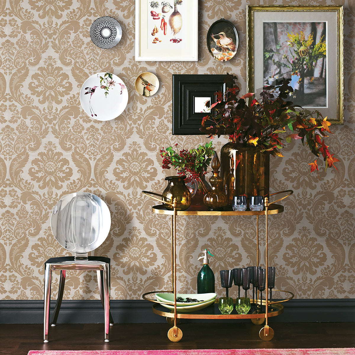 Shadow Khaki Flocked Damask Wallpaper - Brewster Wallcovering