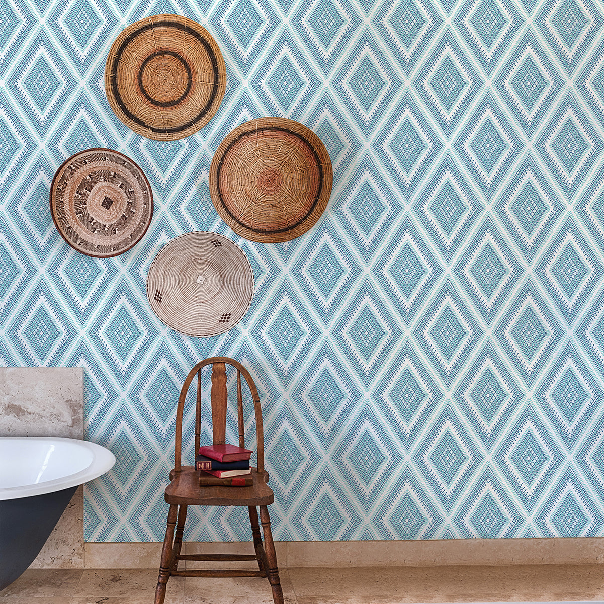 Zaya Blue Tribal Diamonds Wallpaper - Brewster Wallcovering