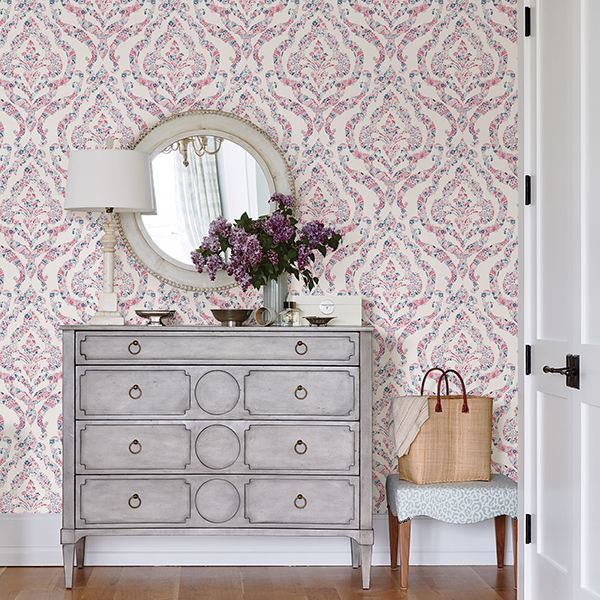 Featherton Coral Floral Damask Wallpaper - Brewster Wallcovering