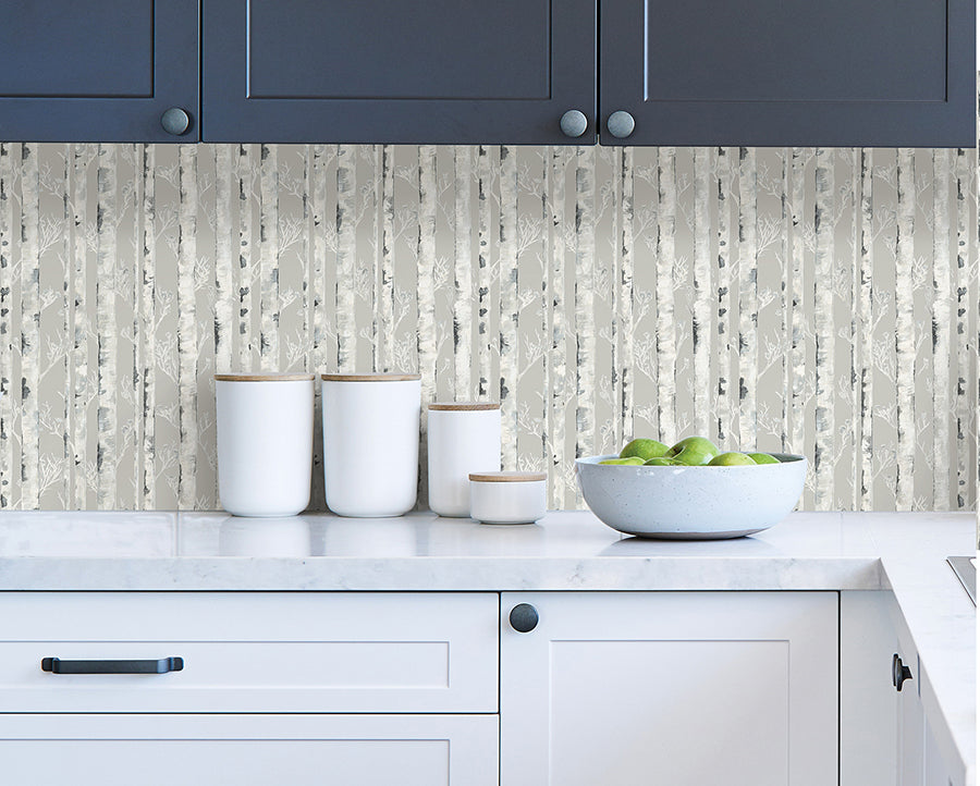 Birchdale Grey Peel and Stick Wallpaper - Brewster Wallcovering