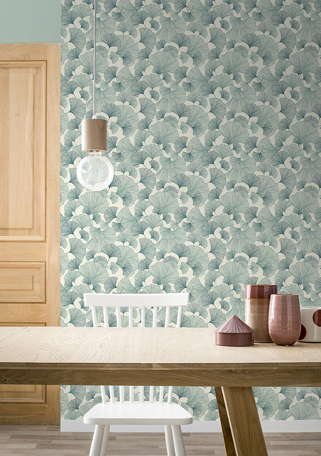 Waft Teal Ginkgo Wallpaper - Brewster Wallcovering