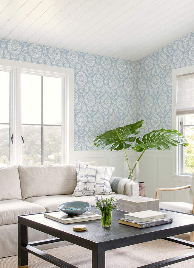 Helm Damask Light Blue Floral Medallion Wallpaper - Brewster Wallcovering