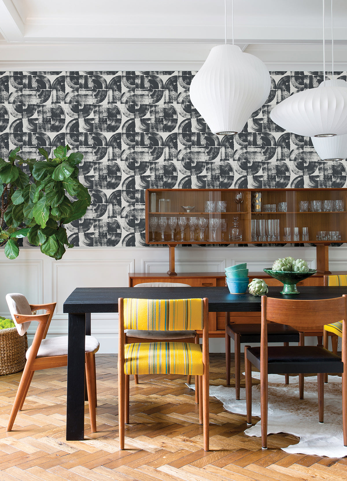 Giulietta Black Painterly Geometric Wallpaper - Brewster Wallcovering