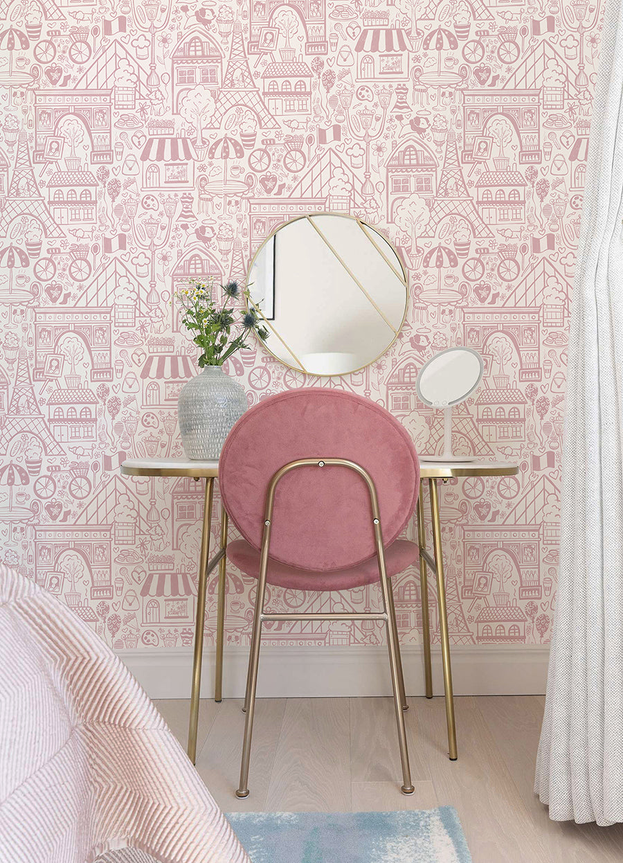 Oui Paris Pink Peel and Stick Wallpaper - Brewster Wallcovering