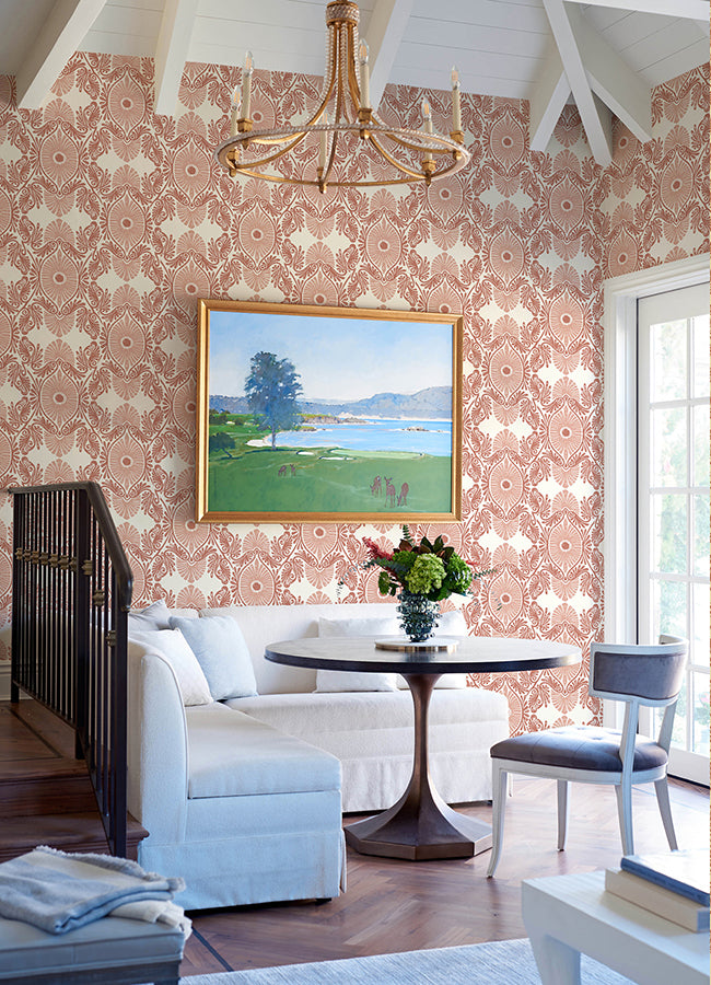 Villa Raspberry Embellished Ogee Wallpaper - Brewster Wallcovering