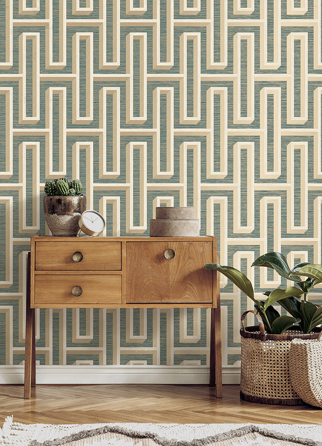 Henley Teal Geometric Grasscloth Wallpaper - Brewster Wallcovering