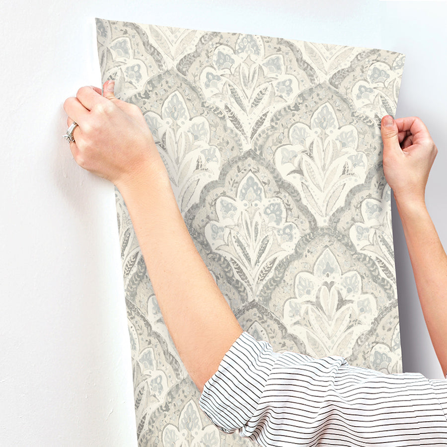 Mimir Grey Quilted Damask Wallpaper - Brewster Wallcovering