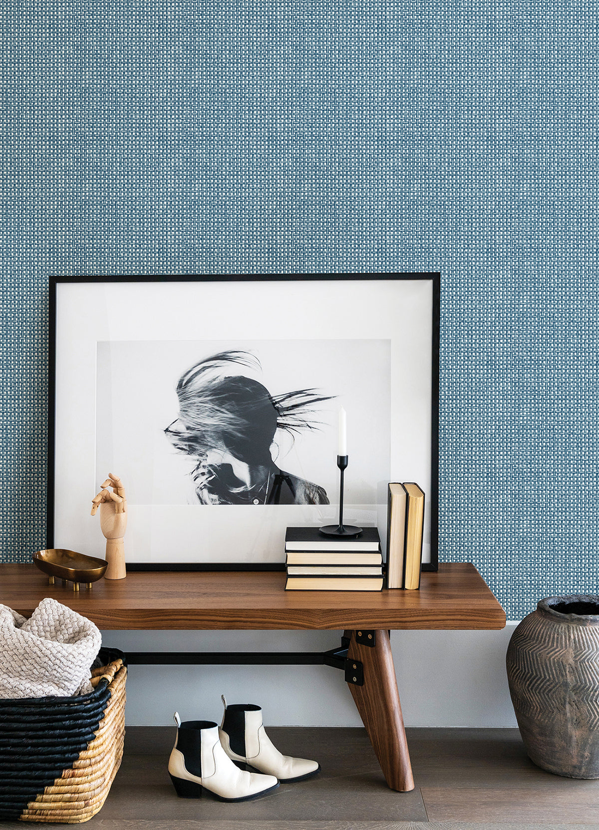 Zia Blue Basketweave Wallpaper - Brewster Wallcovering