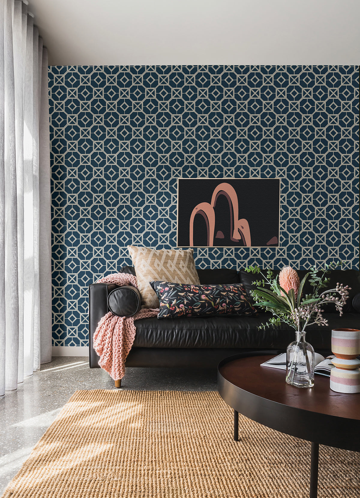 Livia Dark Blue Trellis Wallpaper - Brewster Wallcovering